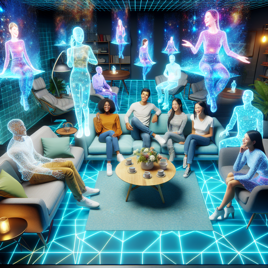 "Virtual guests enjoying a holographic house party in a modern living room, showcasing advanced technology and immersive entertainment."